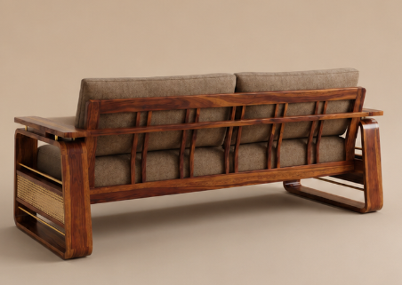 Veda 3+1+1 Sheesham Wood Cane Sofa Set with Brass Detailing, Sand Brown