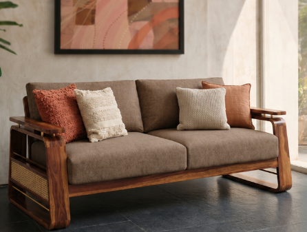 Veda 3+1+1 Sheesham Wood Cane Sofa Set with Brass Detailing, Sand Brown