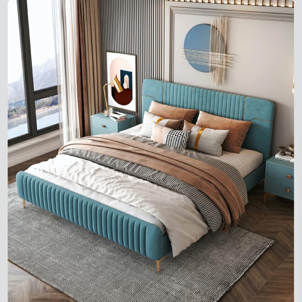 A bed with mattress sky blue colour 