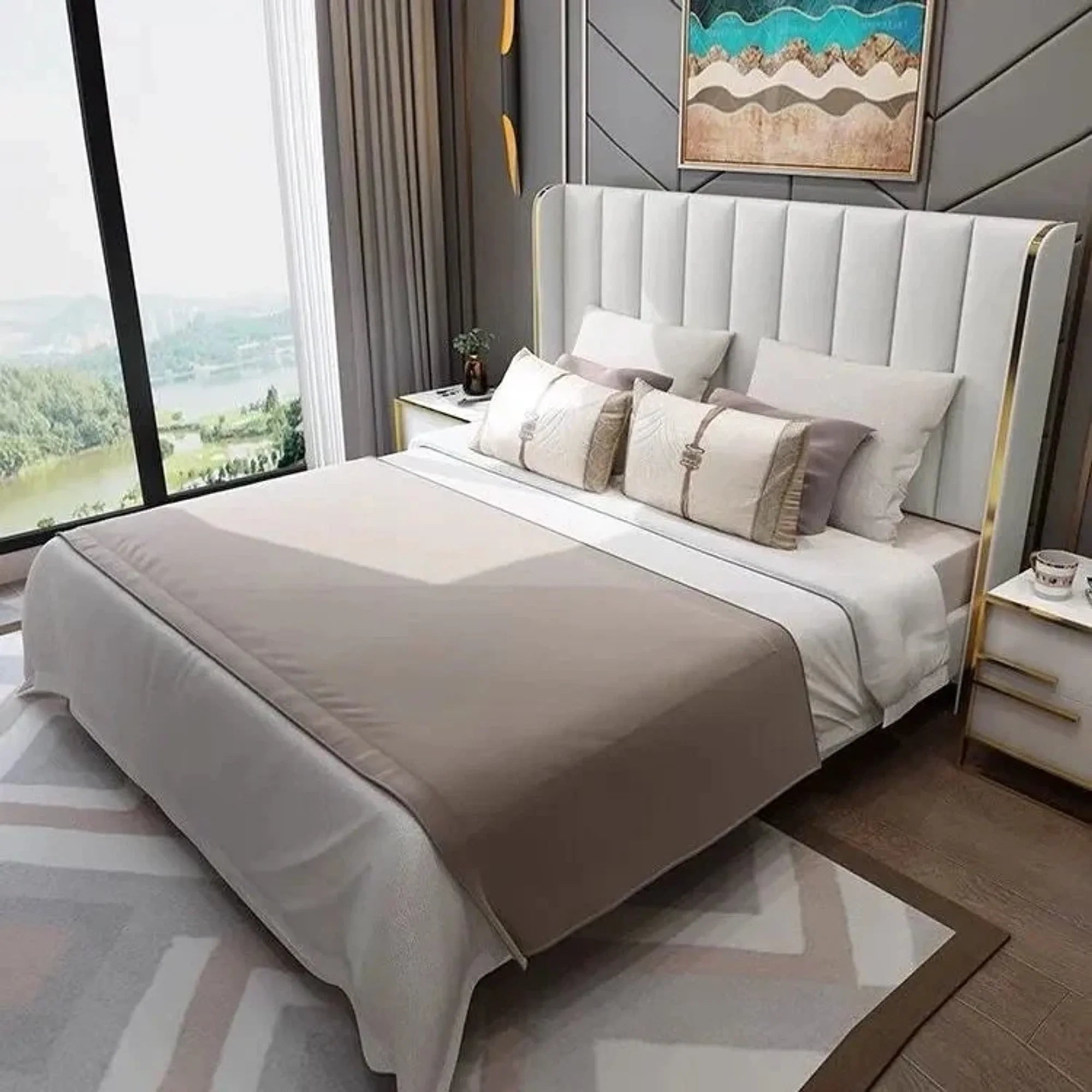 A bed with mattress white colour