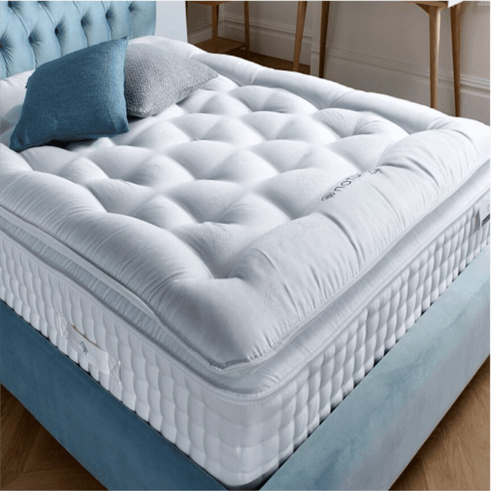 A bed with mattress blue colour