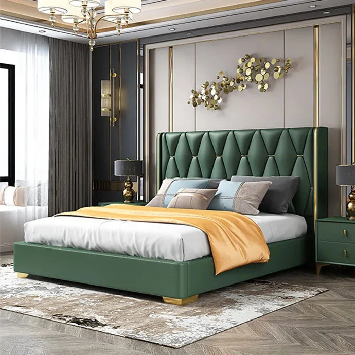 A bed with mattress green and gold velvet colour