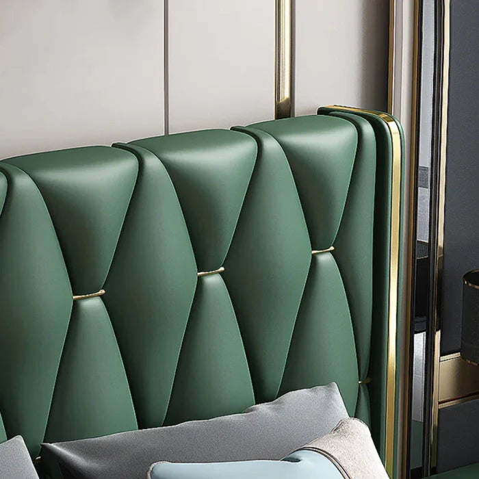 A bed with mattress green and gold colour
