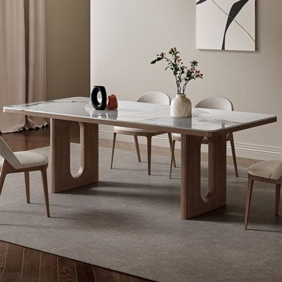 Modern Marble Top Dining Table with Sculpted Wooden Base