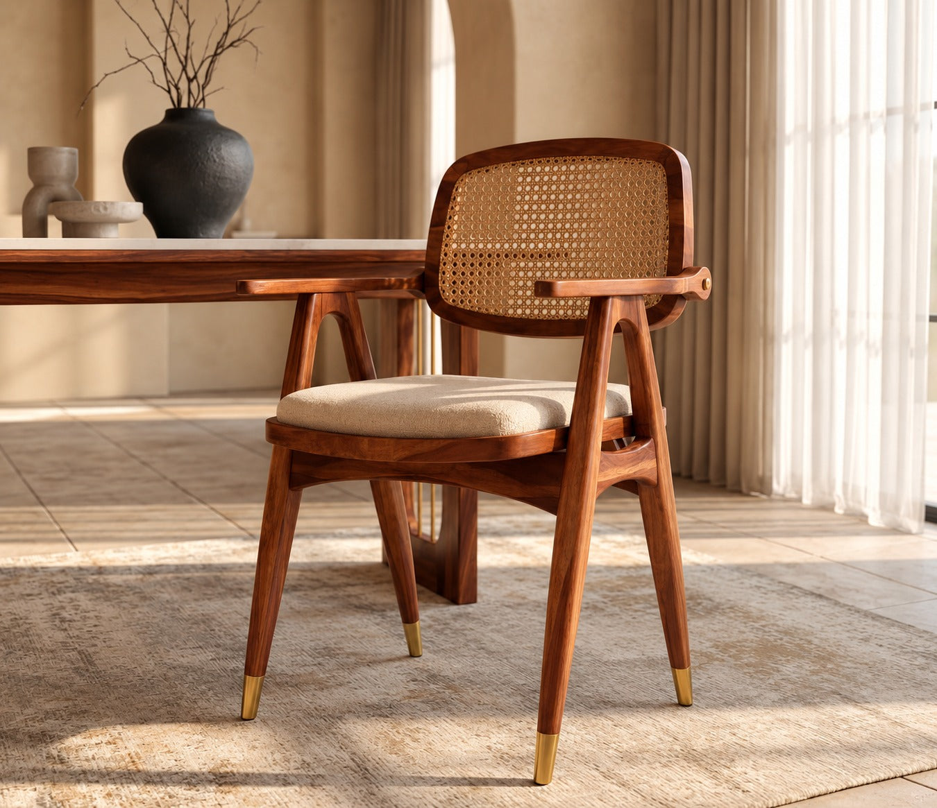Shriyam Modern 6 Seater Sheesham Wood Dining Set with Mishaan Quartz Top Table and Adira Cane & Brass Accent Chairs – Teak Finish