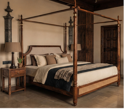 Regal Sheesham Wood & Cane Upholstered King Poster Bed - Jade Ivory