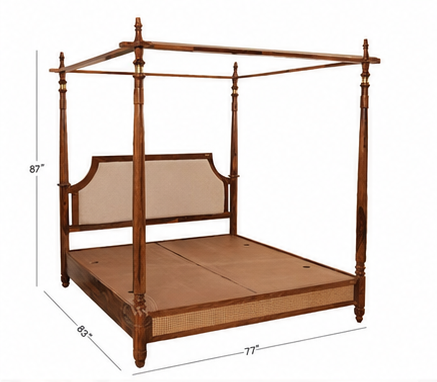 Regal Sheesham Wood & Cane Upholstered King Poster Bed - Jade Ivory
