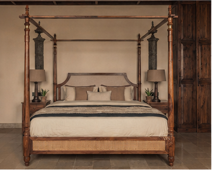 Regal Sheesham Wood & Cane Upholstered King Poster Bed - Jade Ivory