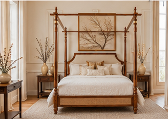 Regal Sheesham Wood & Cane Upholstered King Poster Bed - Jade Ivory