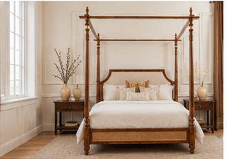 Regal Sheesham Wood & Cane Upholstered King Poster Bed - Jade Ivory