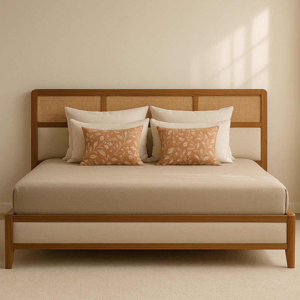 Japandi Solid Wood Bed with Rattan Upholstered Base