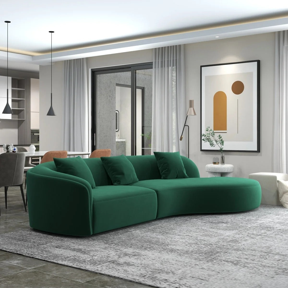 Mustard Velvet Curved Sectional 5 Seater Sofa in Solid Pine Wood Frame