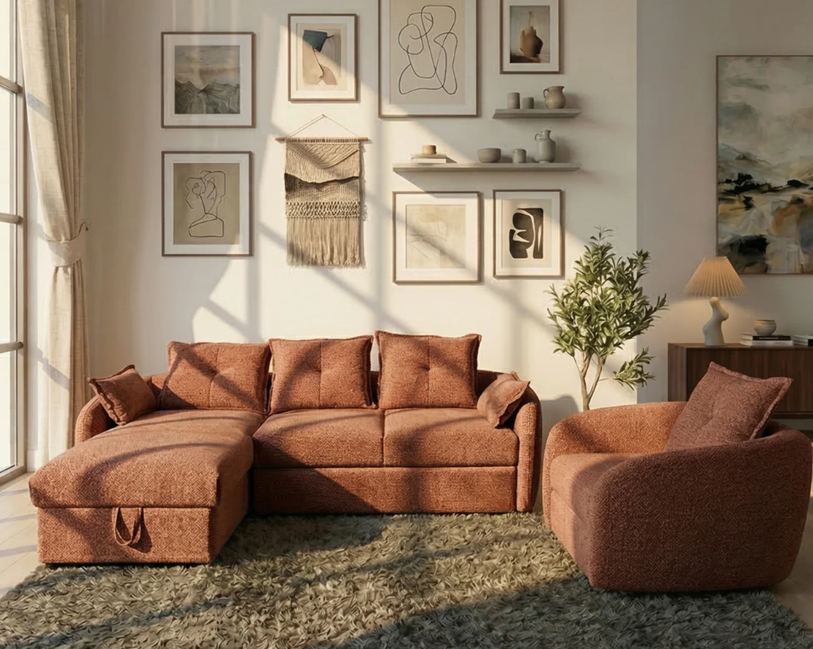 Valentino Luxe Fabric Sectional Sofa Cum Bed + single seater