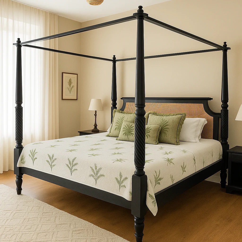 Black Rattan Four-Poster Canopy Bed