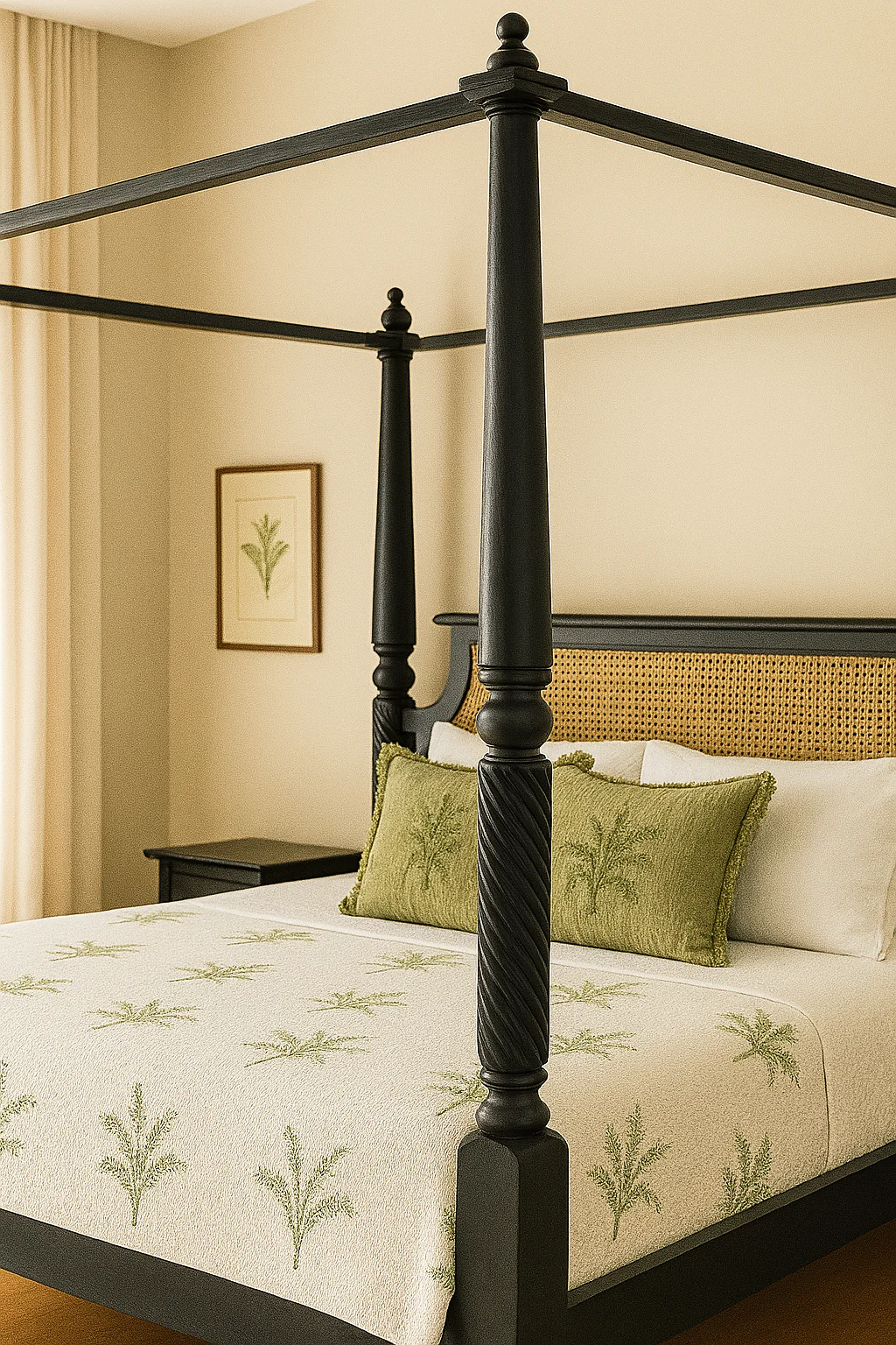 Black Rattan Four-Poster Canopy Bed