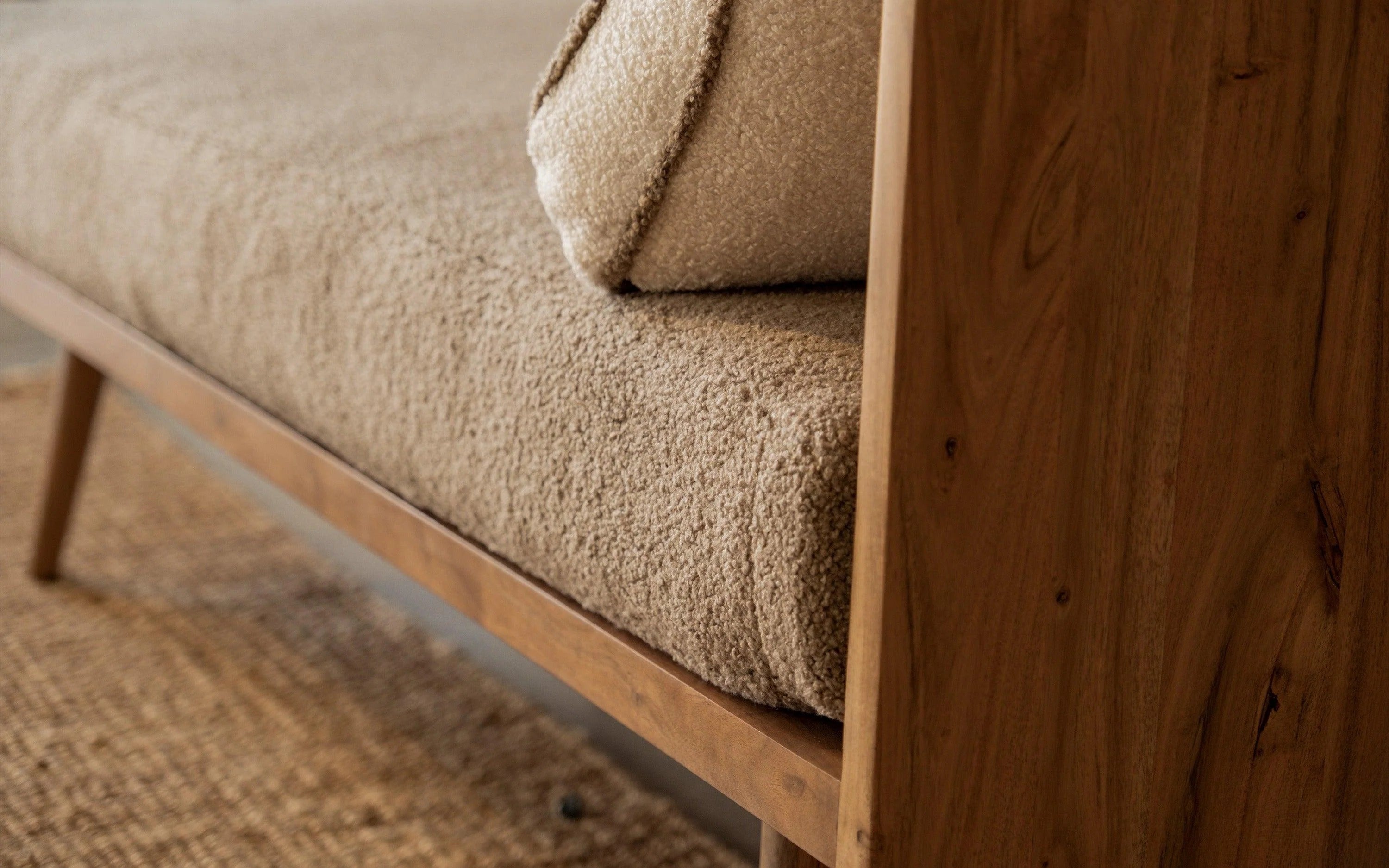 Textured Beige Daybed on Solid Wood Base
