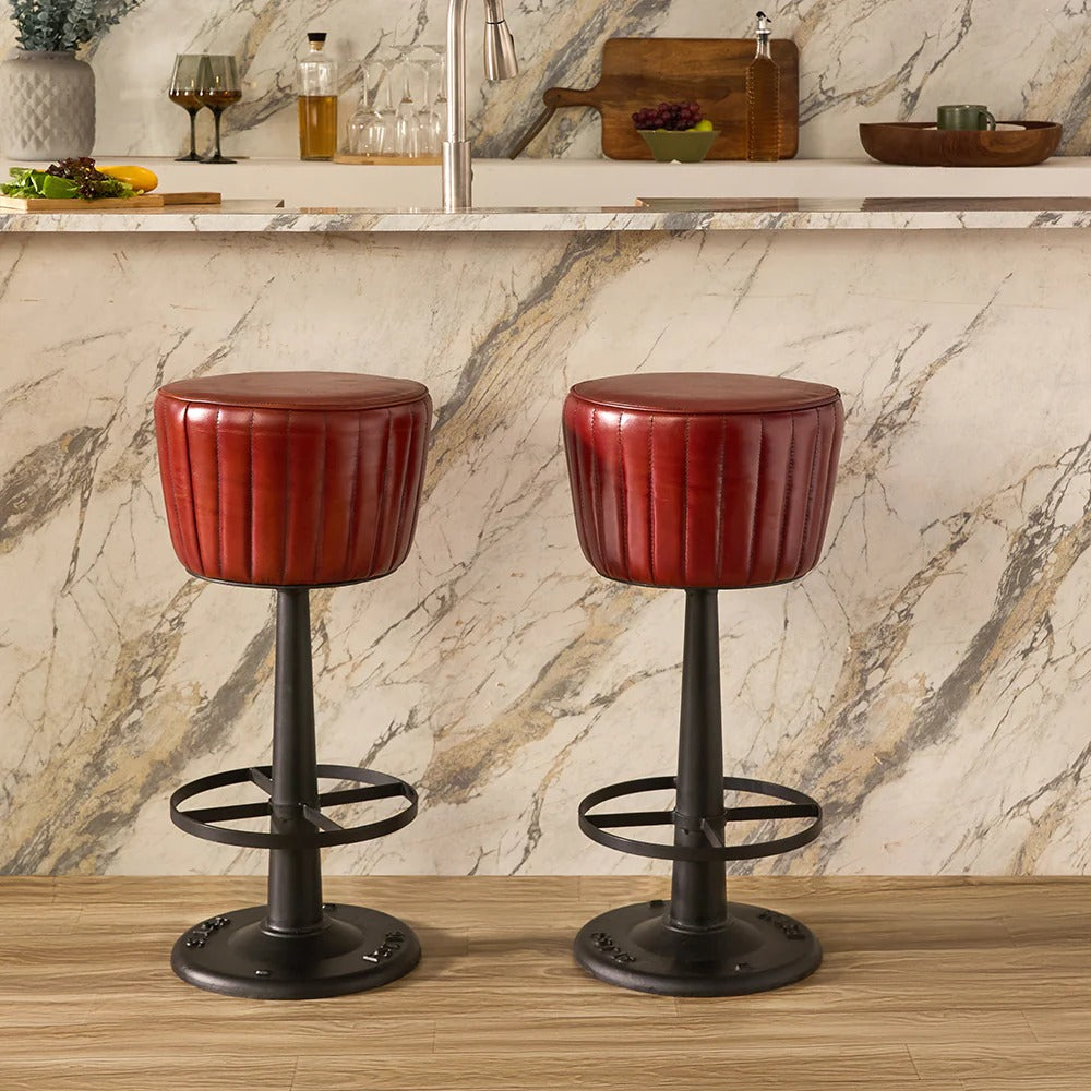 Round Leather Counter Stool with Metal Footrest Ring