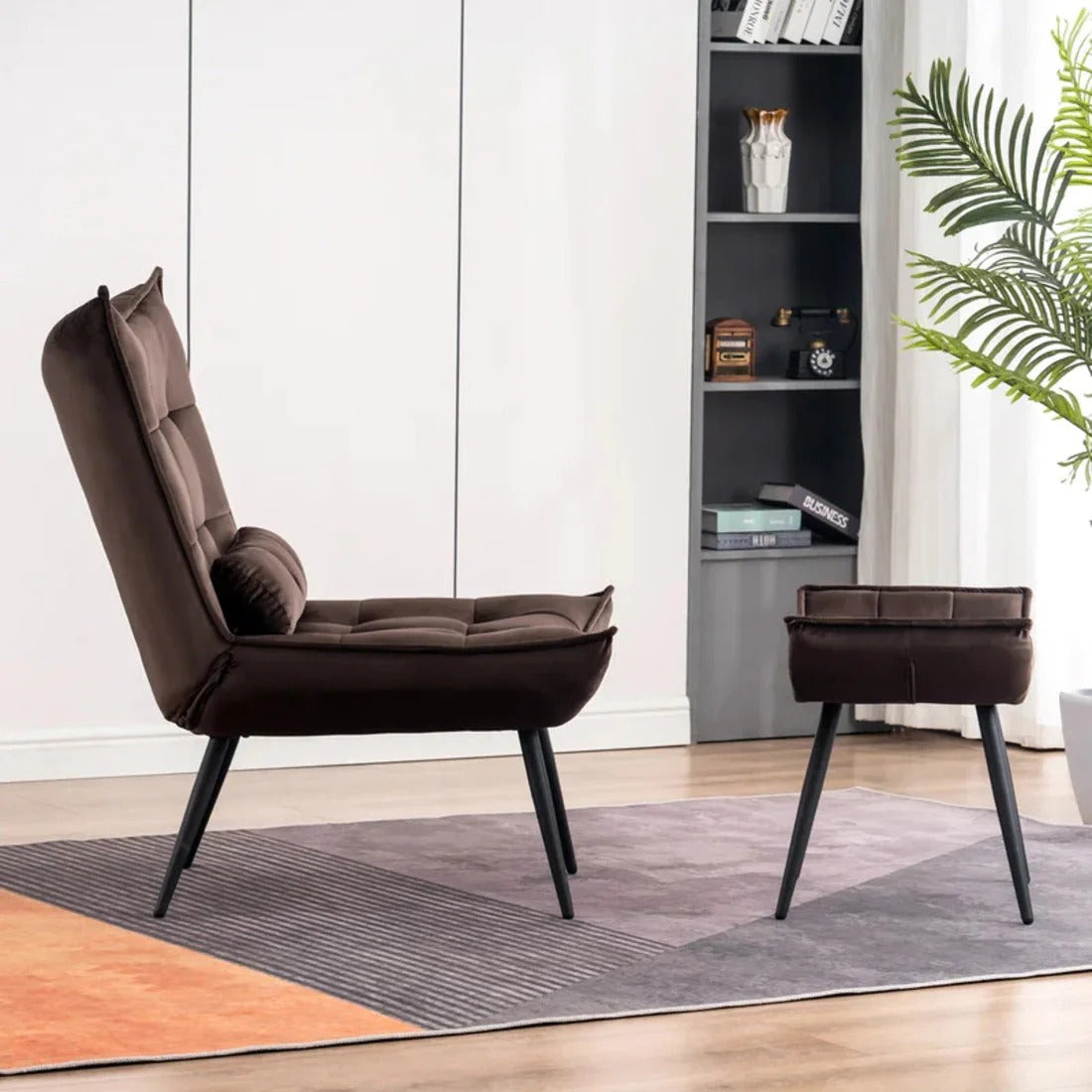 Luxury Brown Cushioned Accent Chair with Ottoman