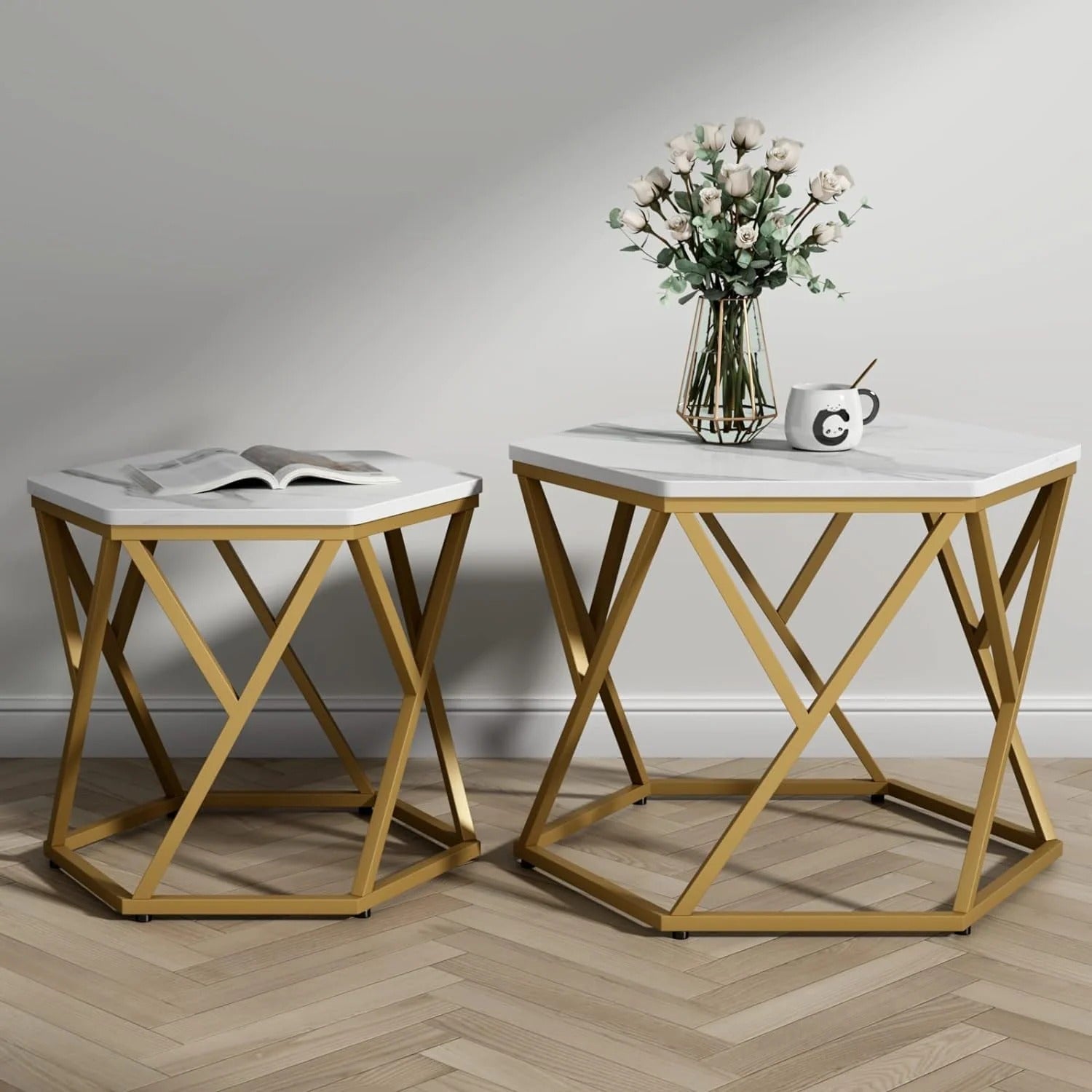 Striking hexagonal nesting coffee table set