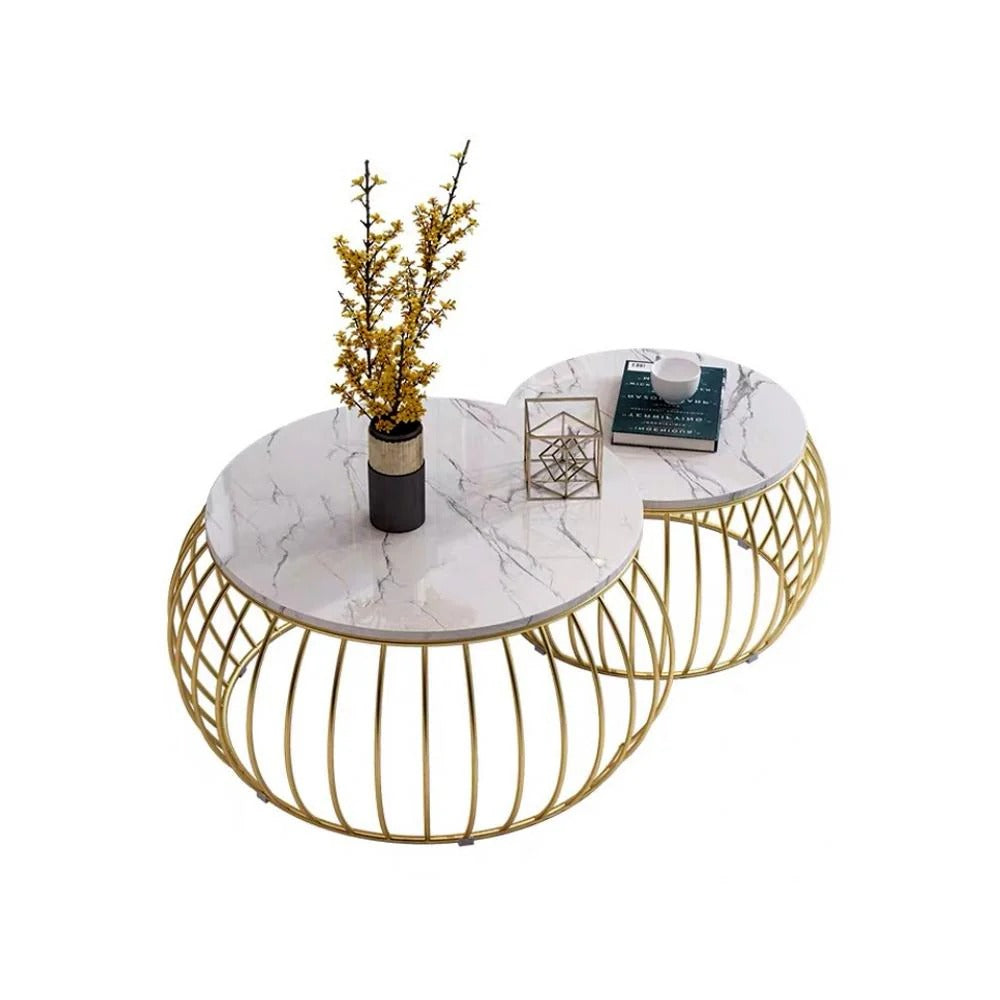 Ornate Rounded Metallic Marble Coffee Table Set