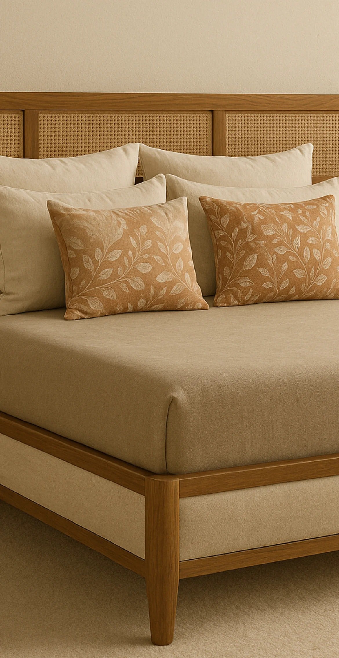 Japandi Solid Wood Bed with Rattan Upholstered Base