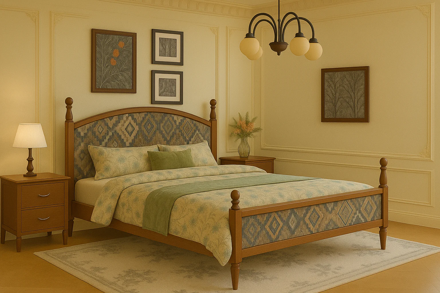 Classic Arch-Top Rattan Wooden Bed