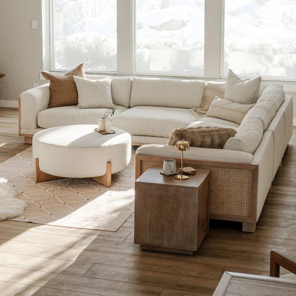 Acacia Wood & Boucle Upholstered 5 Seater Sectional Sofa