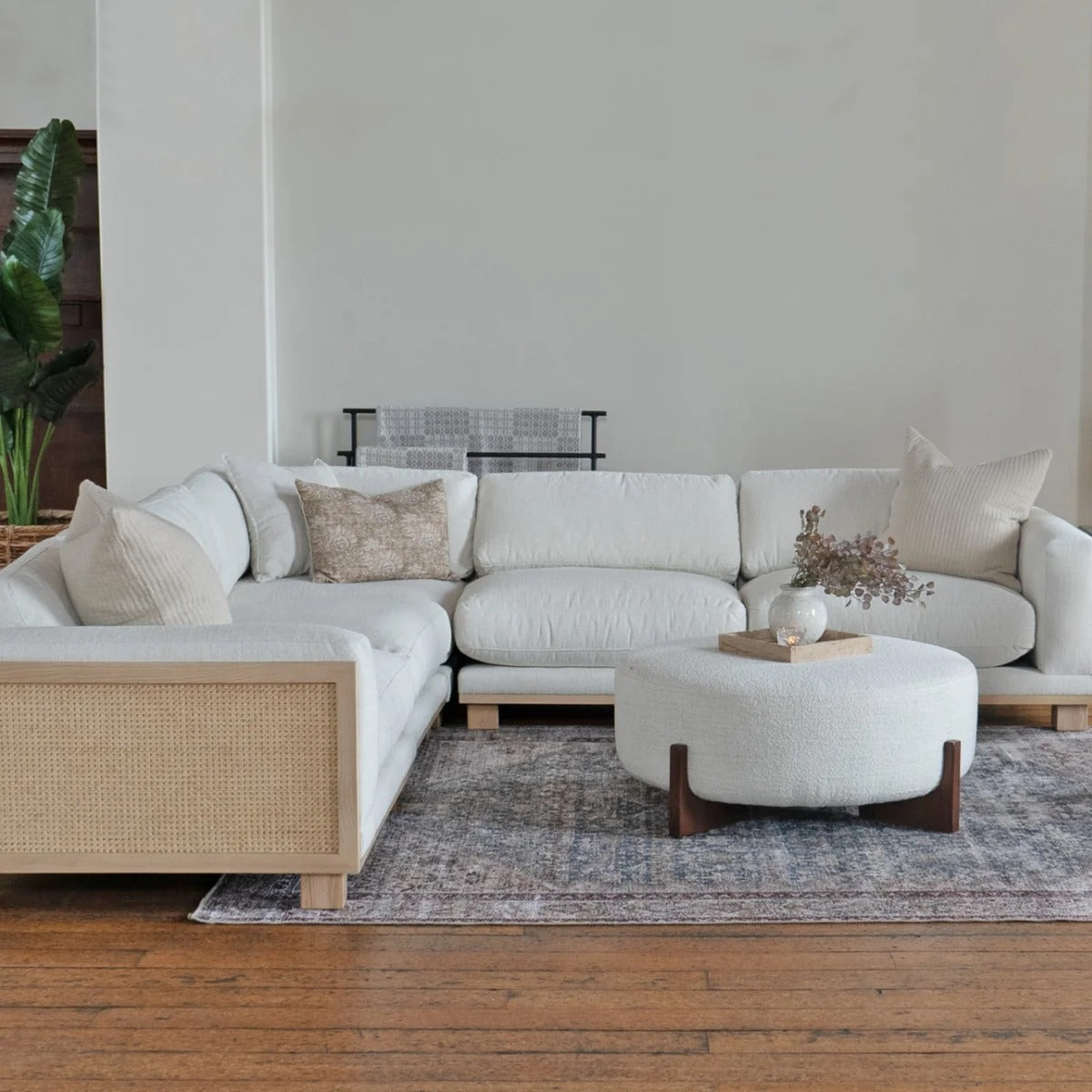 Acacia Wood & Boucle Upholstered 5 Seater Sectional Sofa