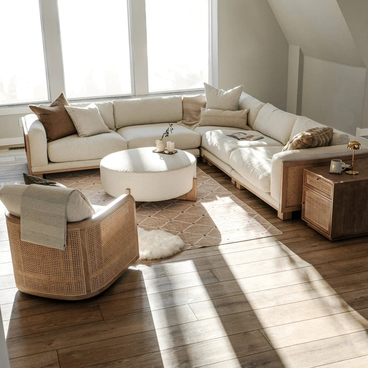 Acacia Wood & Boucle Upholstered 5 Seater Sectional Sofa