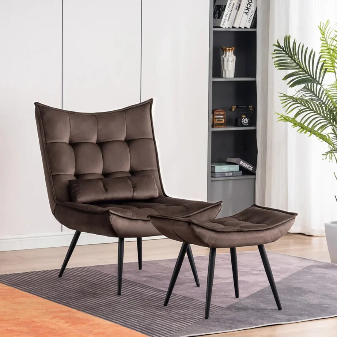 Luxury Brown Cushioned Accent Chair with Ottoman