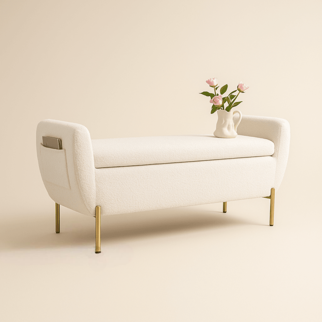 Ivory Bouclé Storage Bench
