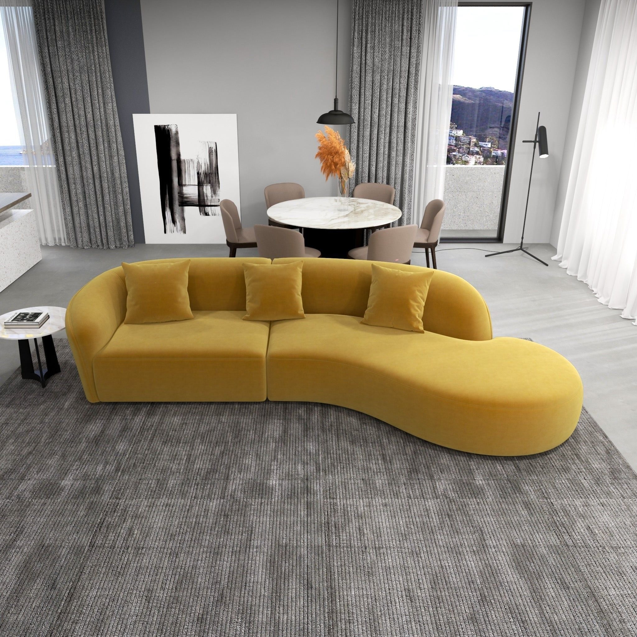 Mustard Velvet Curved Sectional 5 Seater Sofa in Solid Pine Wood Frame