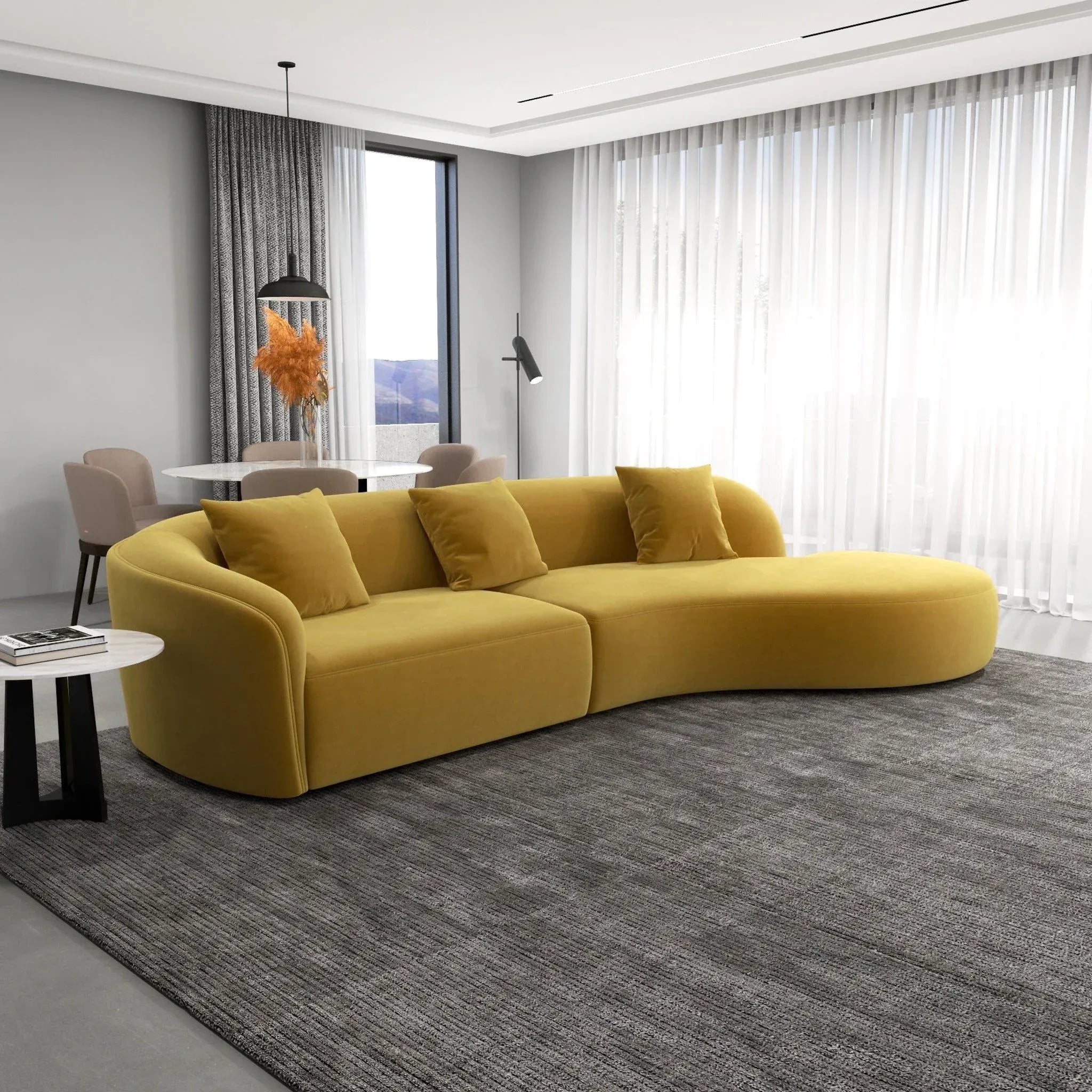 Mustard Velvet Curved Sectional 5 Seater Sofa in Solid Pine Wood Frame