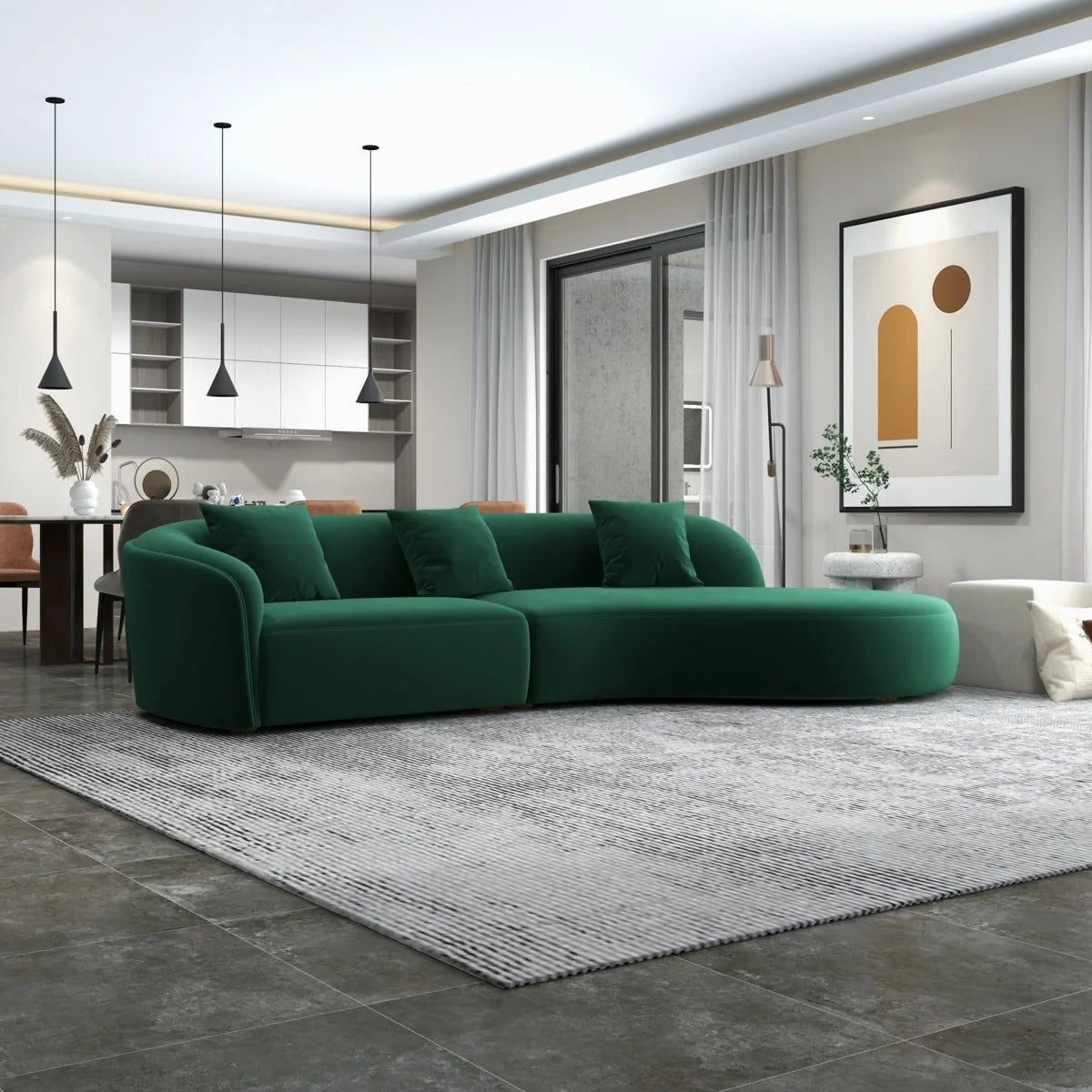 Mustard Velvet Curved Sectional 5 Seater Sofa in Solid Pine Wood Frame