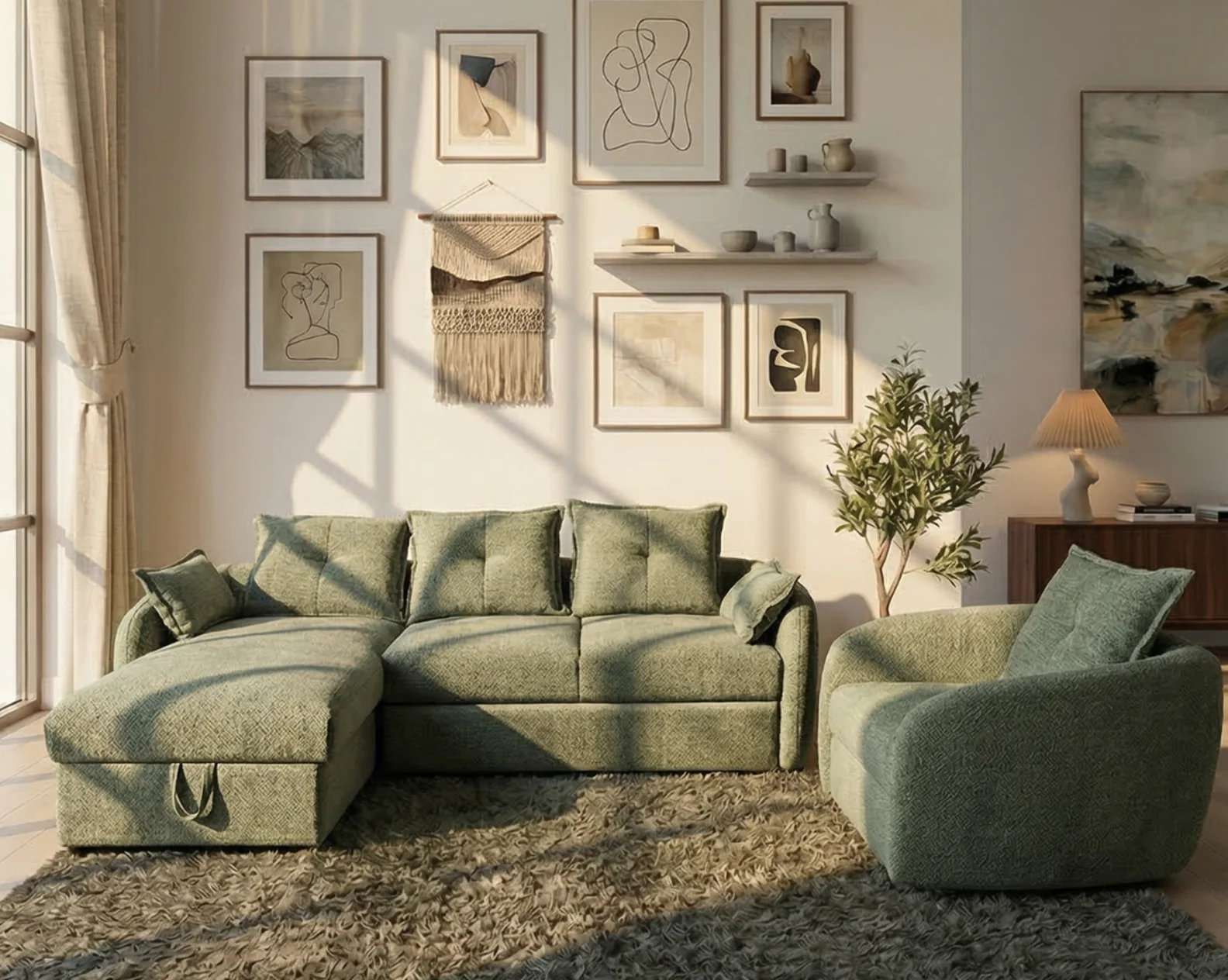 Valentino Luxe Fabric Sectional Sofa Cum Bed + single seater