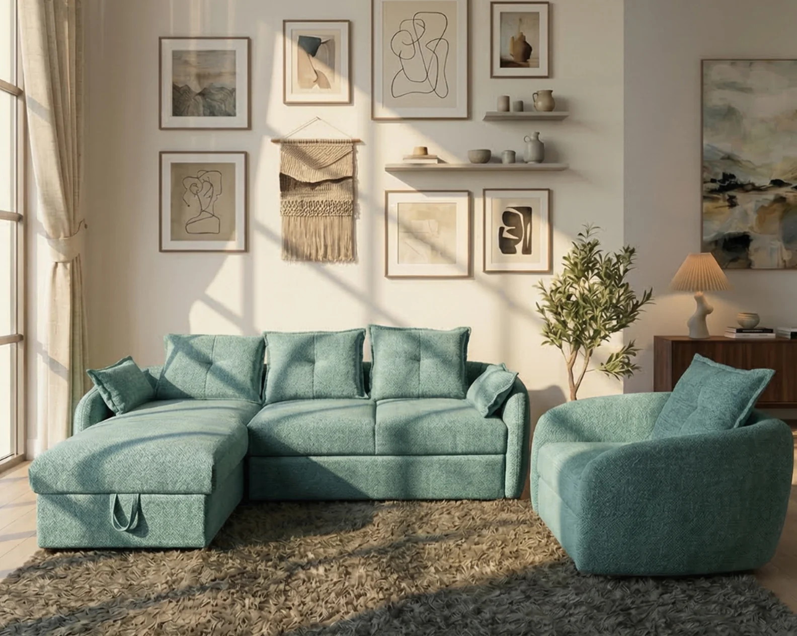 Valentino Luxe Fabric Sectional Sofa Cum Bed + single seater