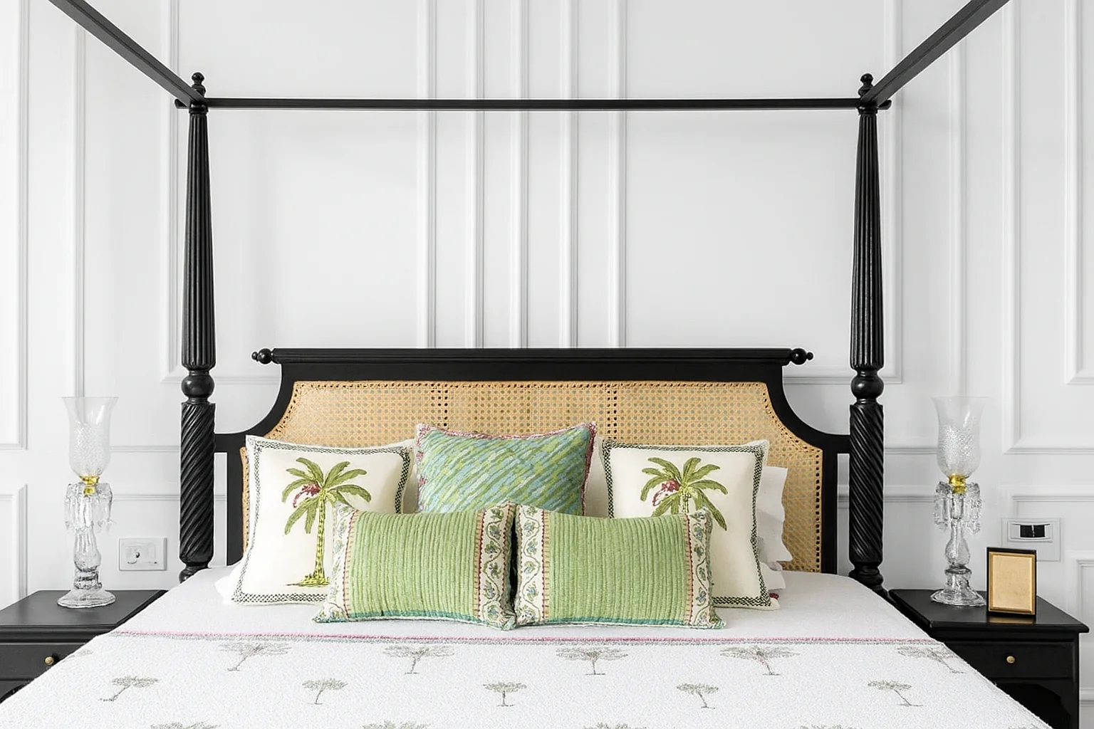 Black Rattan Four-Poster Canopy Bed