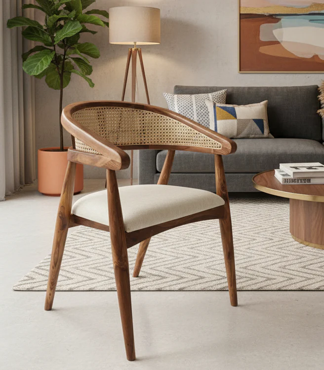 Mid-Century Cane Back Wooden Restaurant Arm Chair