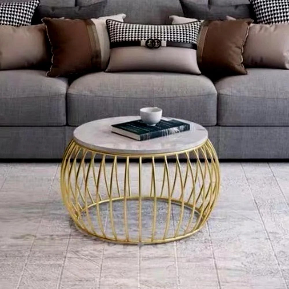 Ornate Rounded Metallic Marble Coffee Table Set