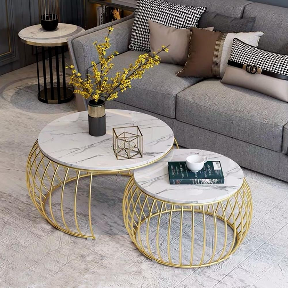 Ornate Rounded Metallic Marble Coffee Table Set