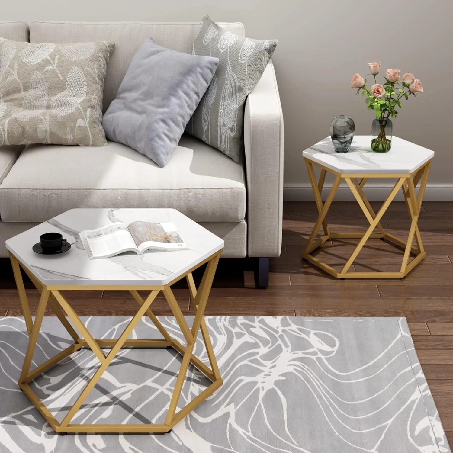 Striking hexagonal nesting coffee table set