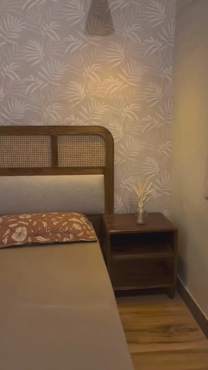 Japandi Solid Wood Bed with Rattan Upholstered Base