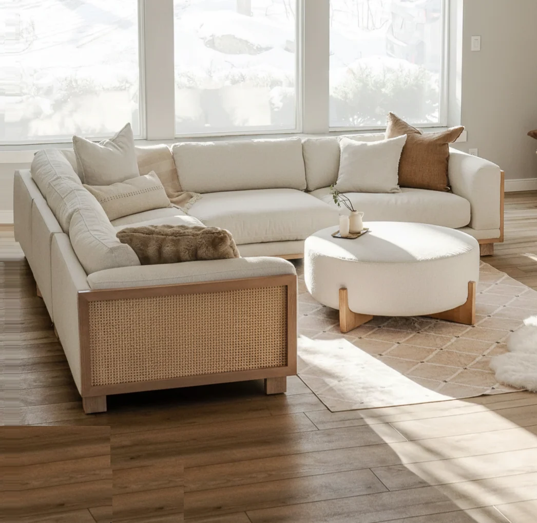 Acacia Wood & Boucle Upholstered 5 Seater Sectional Sofa