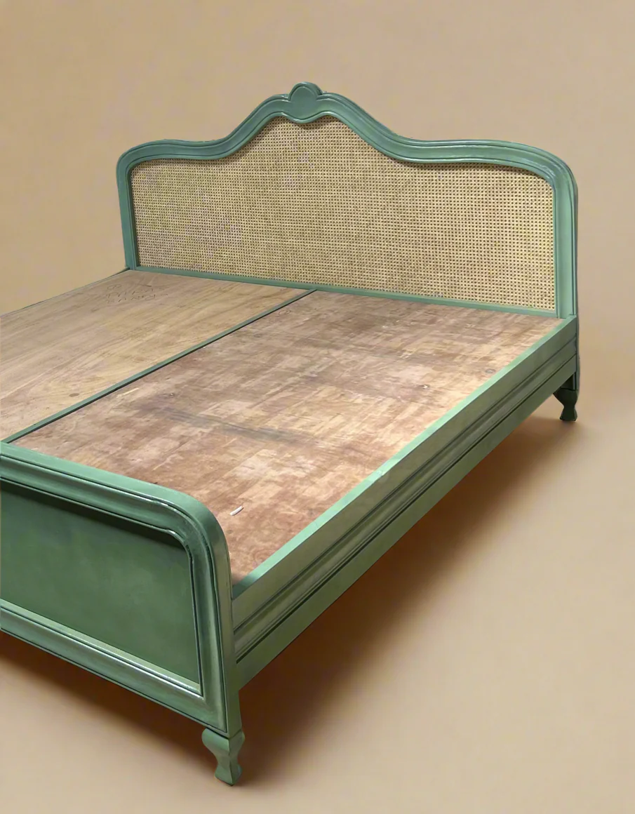Curved Rattan Panel Solid Wood Bed