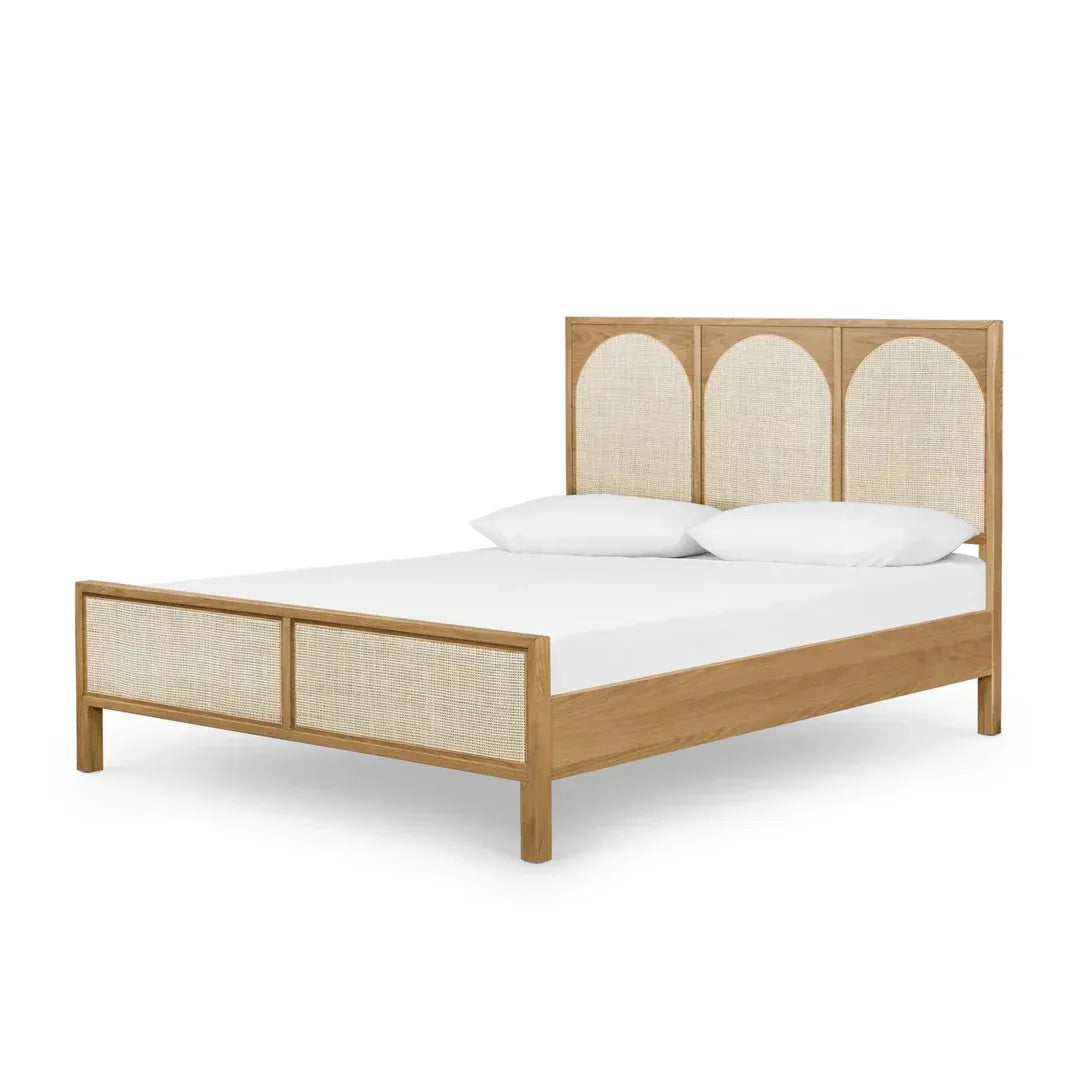 Oak Wood Allegra Bed with Rattan Headboard