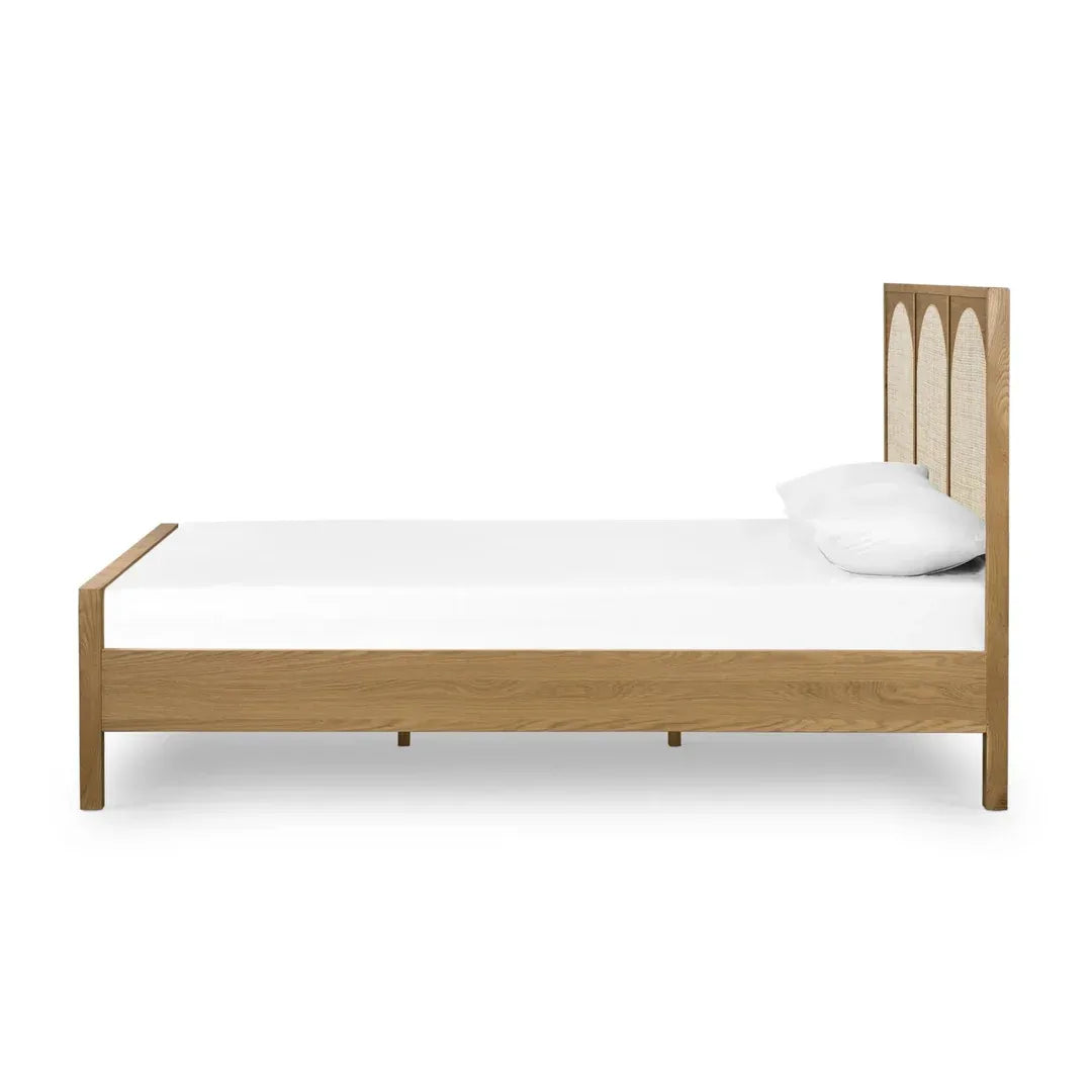 Oak Wood Allegra Bed with Rattan Headboard