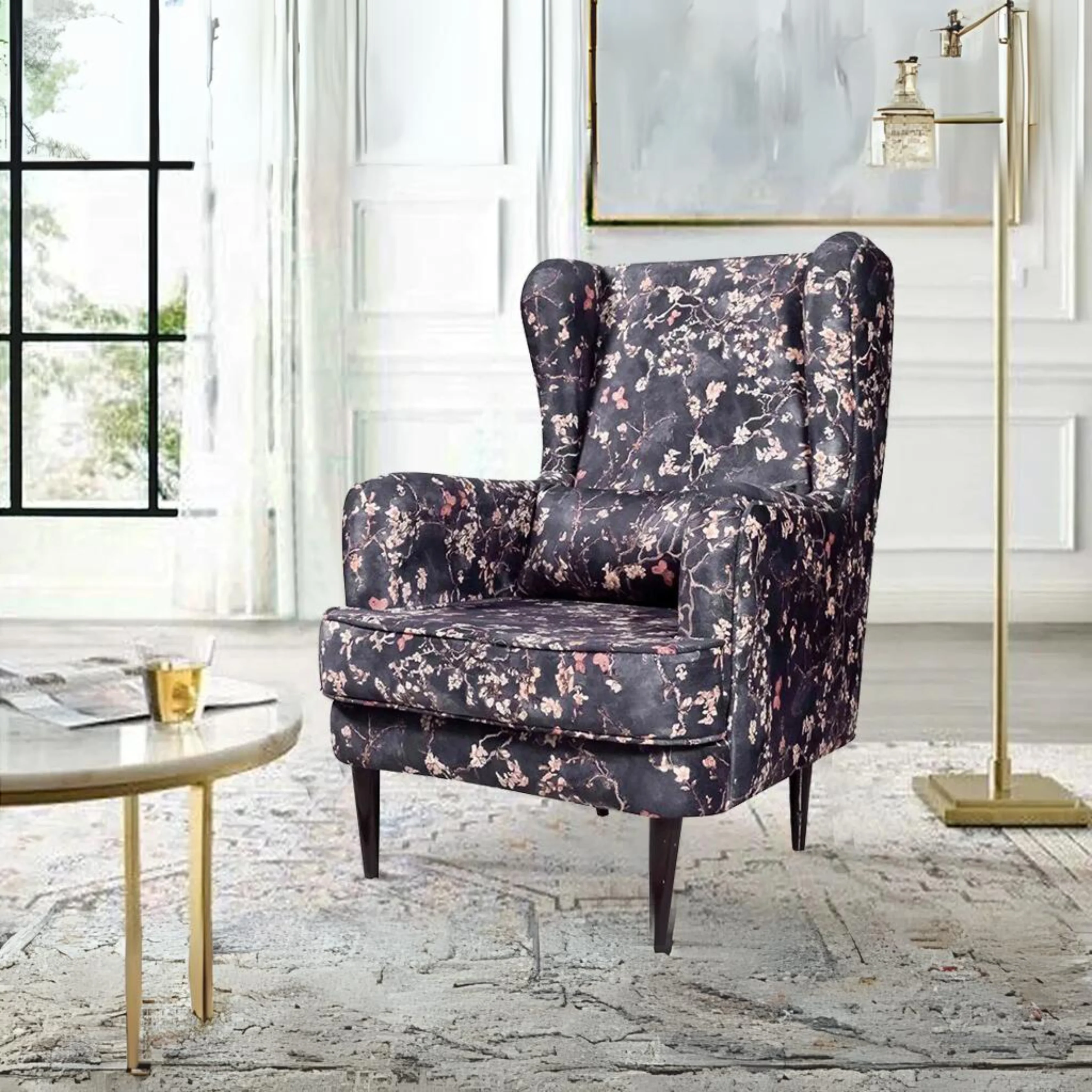 Midnight Bloom Wing Chair
