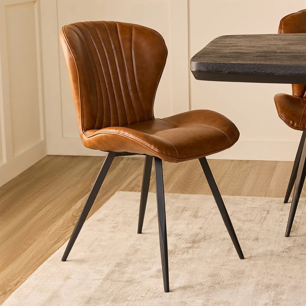 Tan Channel-Stitch Faux Leather Dining Chair