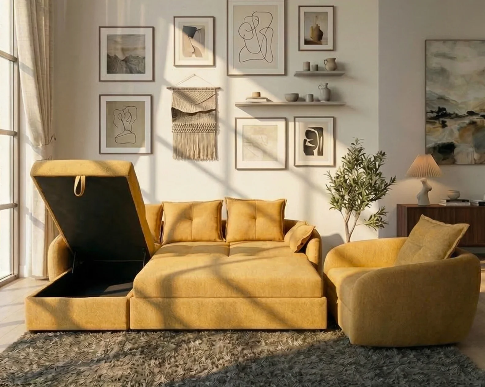 Valentino Luxe Fabric Sectional Sofa Cum Bed + single seater