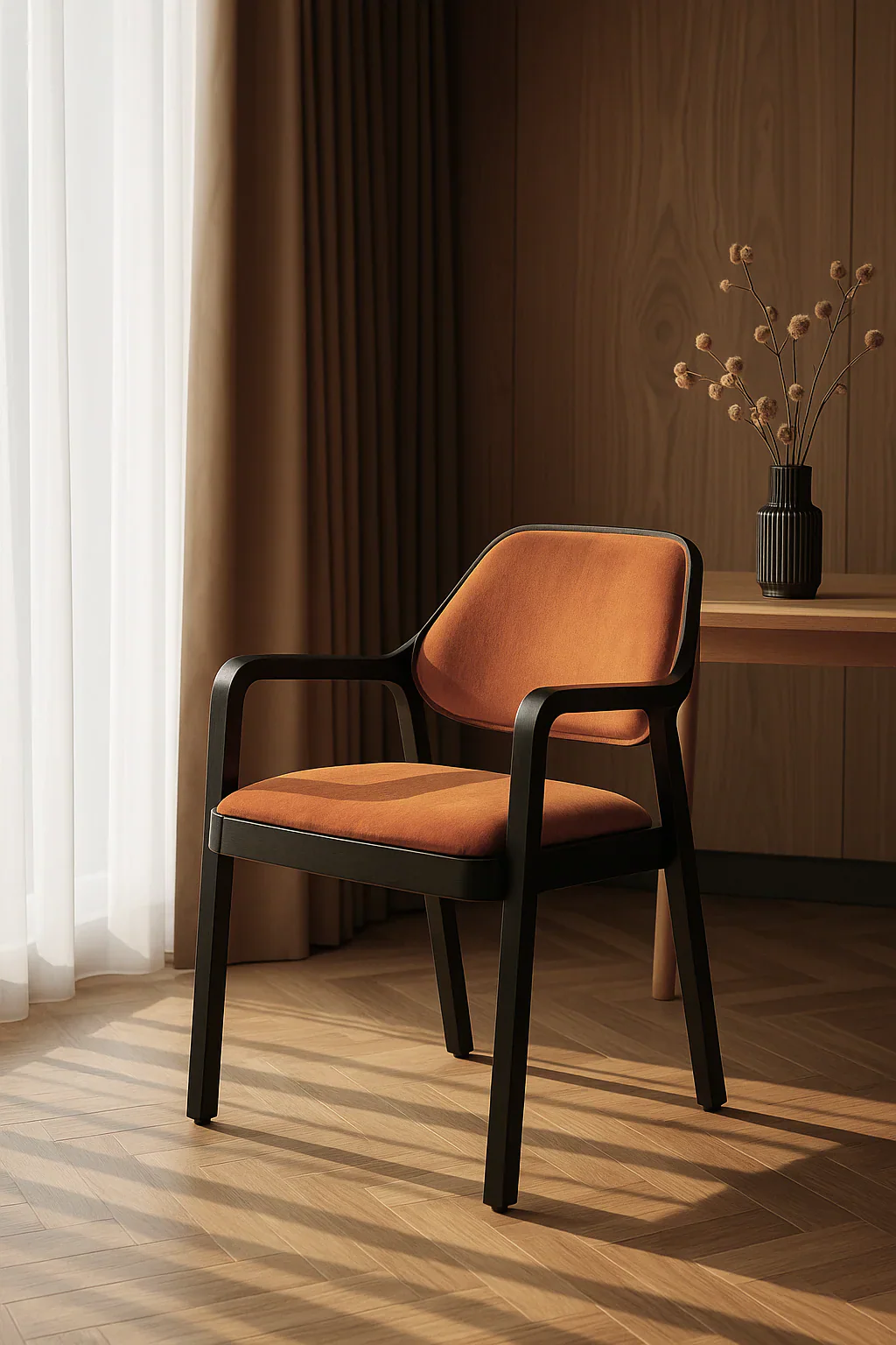 Mustard velvet modern armchair.